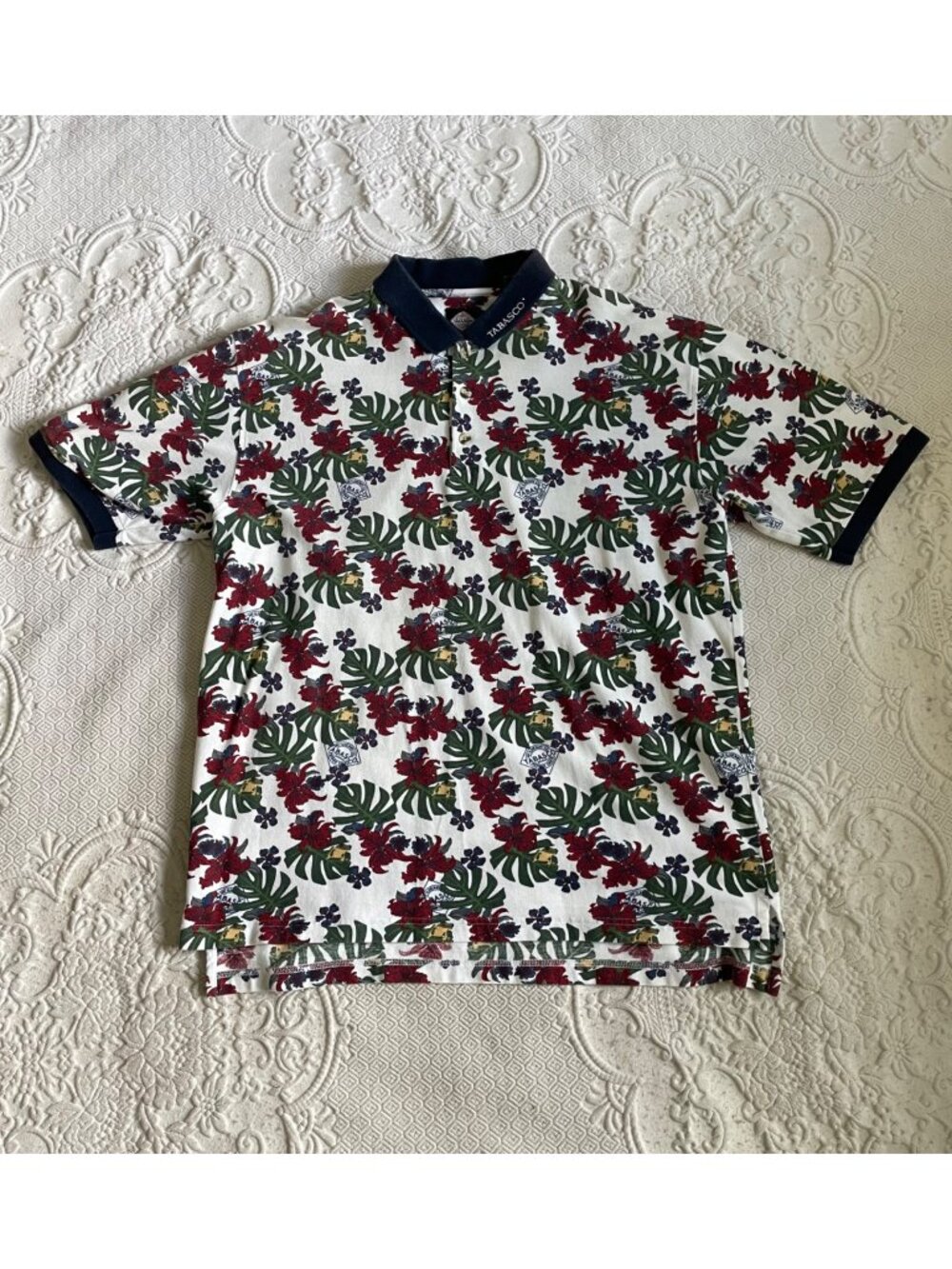 Vintage Tabasco Tropical Tree Frog Print Cotton Golf Polo Shirt Men's Large